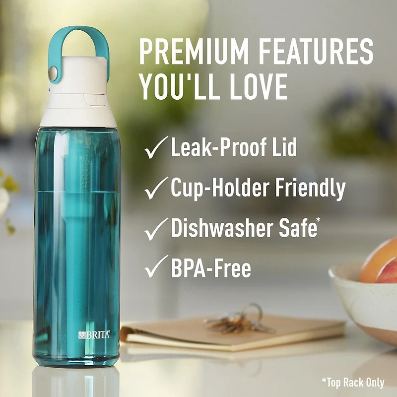 Système de filtration d’eau en bouteille Brita avec paille, anneau de transport pratique et capuchon antifuites, bouteille sans BPA parfaite pour les sports, les voyages ou la randonnée, capacité de 7 de couleur verre de mer