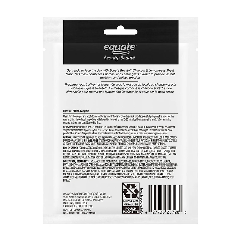 Equate Beauty Masque En Feuille Charbon Et Citronnelle 8PK