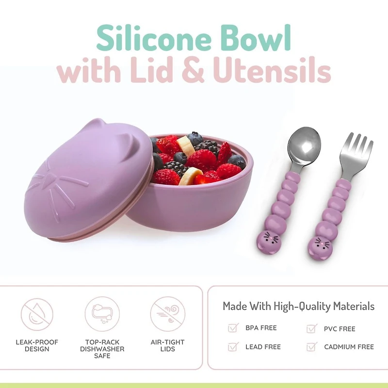 melii Bol en silicone avec couvercle et ustensiles - chat