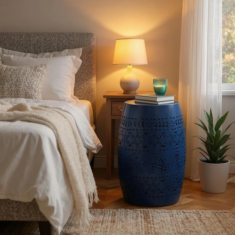 Homy Casa Lace-Cut Barrel-Shaped Metal Nightstand for Bedroom or Living Room Decor