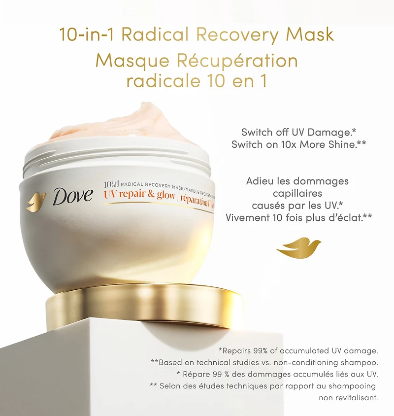 Masque revitalisant Réparation en profondeur de 99 % des dommages capillaires causés par Dove Radical Recovery les UV UV Repair & Glow avec perles Lumi-Beads fondantes 260g