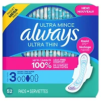 Serviettes féminines Always Ultra minces, extra longues, degré d’absorption super, avec ailes, pour femmes, taille3, non parfumées, 52serviettes 52CT