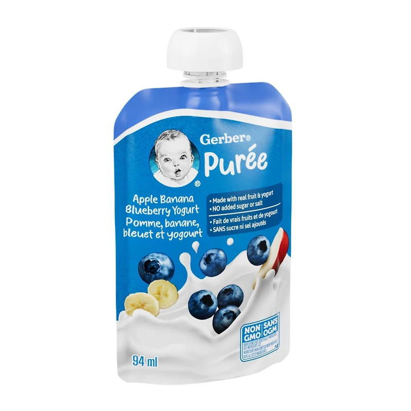 GERBER Purée Pomme, banane, bleuet et yogourt, faite avec du yogourt et de vrais fruits, pour bébés et tout-petits, sans sucre ni sel ajoutés, sans OGM, sachet refermable 94 ml