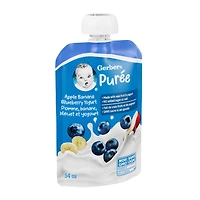 GERBER Purée Pomme, banane, bleuet et yogourt, faite avec du yogourt et de vrais fruits, pour bébés et tout-petits, sans sucre ni sel ajoutés, sans OGM, sachet refermable 94 ml