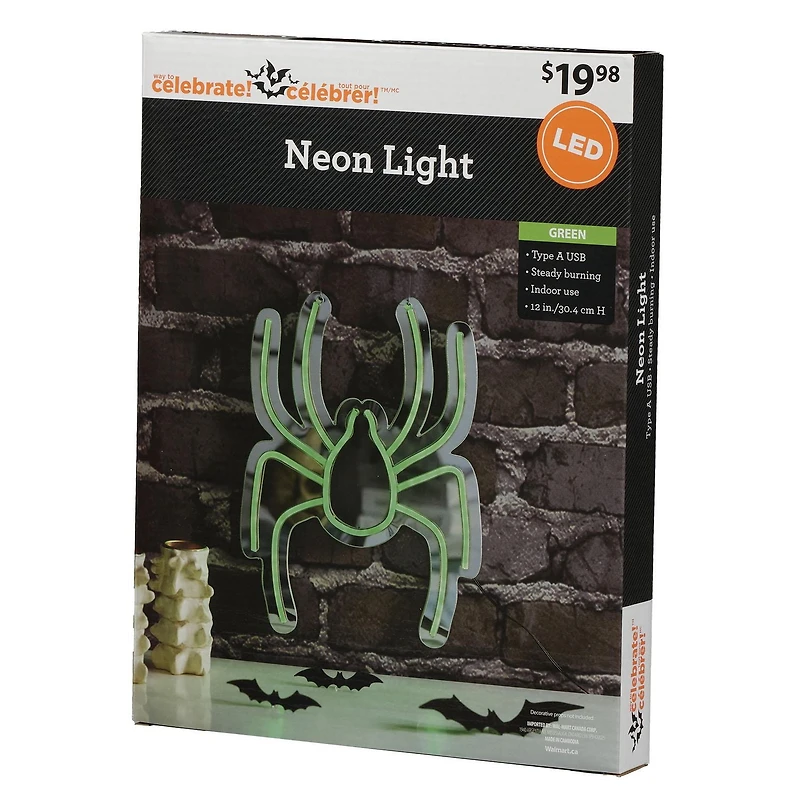 Décoration murale araignée LED style néon avec miroir - 30 cm