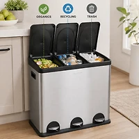 Step N’ Sort poubelle 60 L à 3 compartiments – système de tri cuisine (déchets, recyclage et compost), pédales mains libres, acier inoxydable avec bacs amovibles