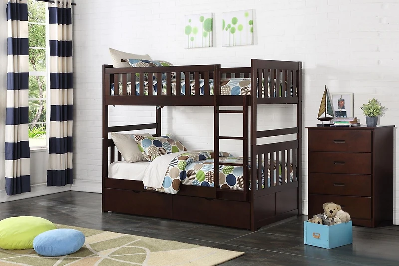 Topline Home Furnishings Twin/Twin Bunk Bed with Storage Boxes, Espresso