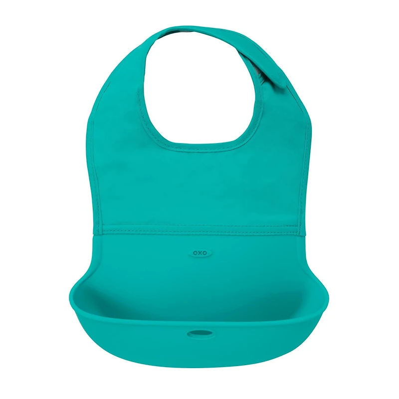 OXO Tot - Bavoir Enroulable - Bavoir Bébé et Tout-Petit Confortable en Silicone Doux Imperméable et Léger - Tissu Se Roule dans la Poche pour Voyage et Rangement - Bleu Sarcelle