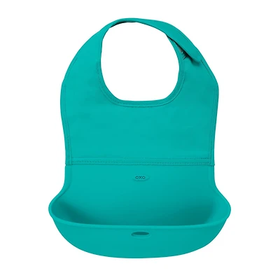 OXO Tot - Bavoir Enroulable - Bavoir Bébé et Tout-Petit Confortable en Silicone Doux Imperméable et Léger - Tissu Se Roule dans la Poche pour Voyage et Rangement - Bleu Sarcelle
