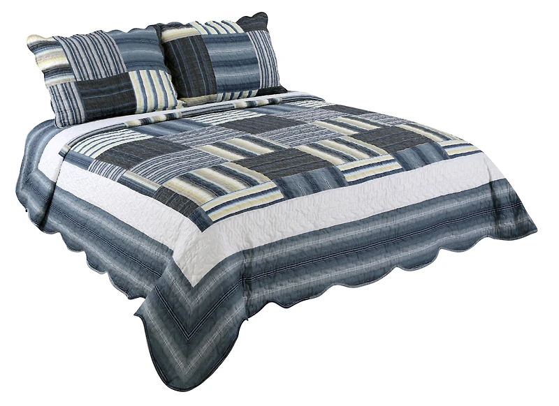 Marina Decoration Rich Printed Stitching Coverlet Bedspread Ultra Soft Summer Bedding Quilt Set with Quilted Sham, Classic Navy Blue Plaid Pattern