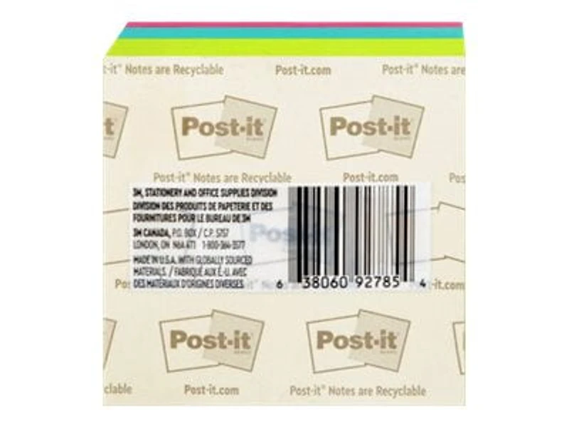 Cube de feuillets 2027-BRT Post-it®, couleurs vives, 76 mm x 76 mm (3 po x 3 po), 1 cube/paquet, 400 feuillets/cube