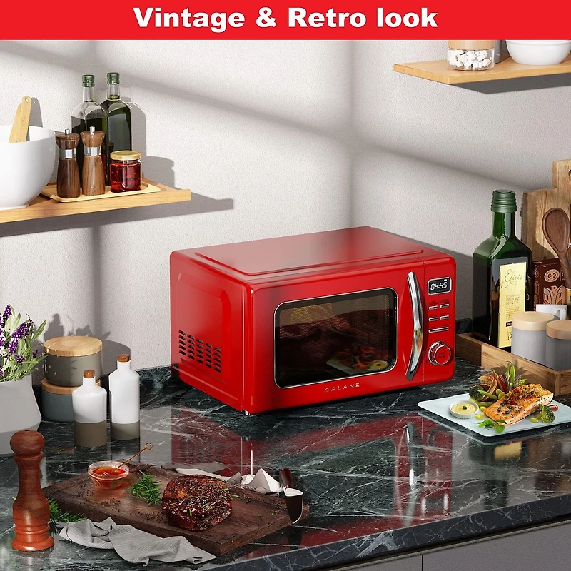 Galanz Retro Countertop Microwave Oven with Auto Cook & Reheat, Defrost, Quick Start Functions, Easy Clean with Glass Turntable, Pull Handle, 0.7 cu ft, Retro Microwave Oven, 0.7 cu.ft.