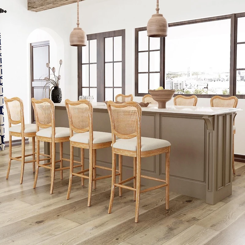 High Dining Chairs Set of 2, Upholstered Side Chairs with Cane Back & Wooden Legs, Mid Century Modern Designed Chairs Living Room Kitchen Chairs