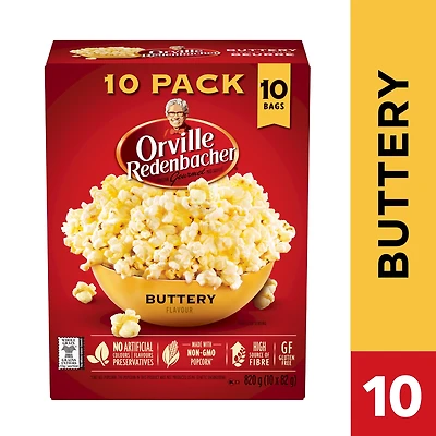 Maïs soufflé au micro-ondes au beurre Orville Redenbacher (10 sacs, 82g) sans OGM, grains entiers micro-ondes  maïs soufflé  avec a source élevée de fibres et sans gluten