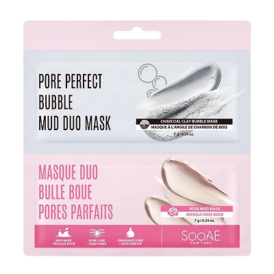 Masque Duo Bulle Boue Pores Parfaits Soo'Ae Charbon De Bois + Rose Boue