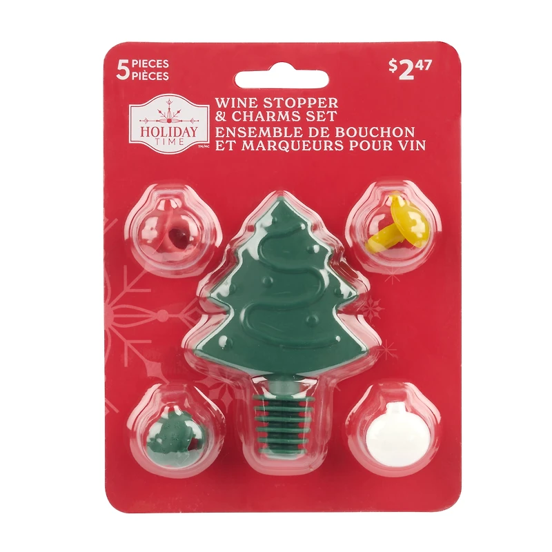 Holiday Time 5PC Wine Bottle Stopper and Glass Charms