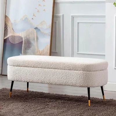 Heavenly Collection | Banc de rangement - Ottoman moderne bouclé avec rangement dissimulé et pieds en métal doré
