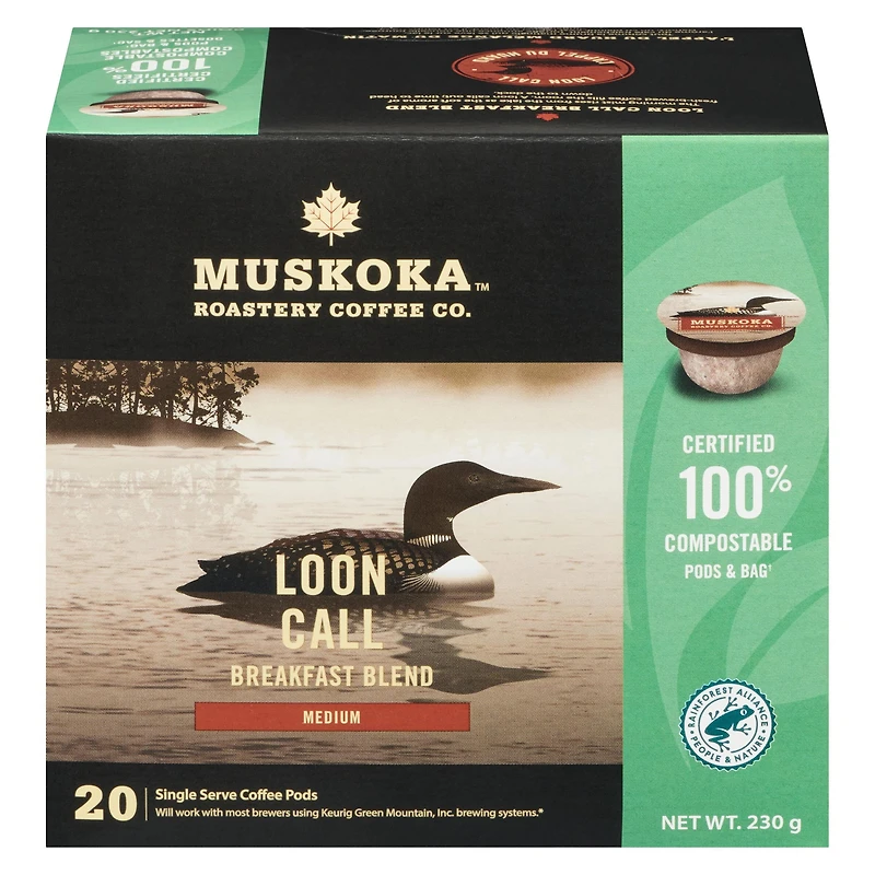 Dosettes de café Mélange Appel du Huard pour le petit-déjeuner de Muskoka Roastery Coffee Co. à torréfaction moyenne en emballage d'une portion