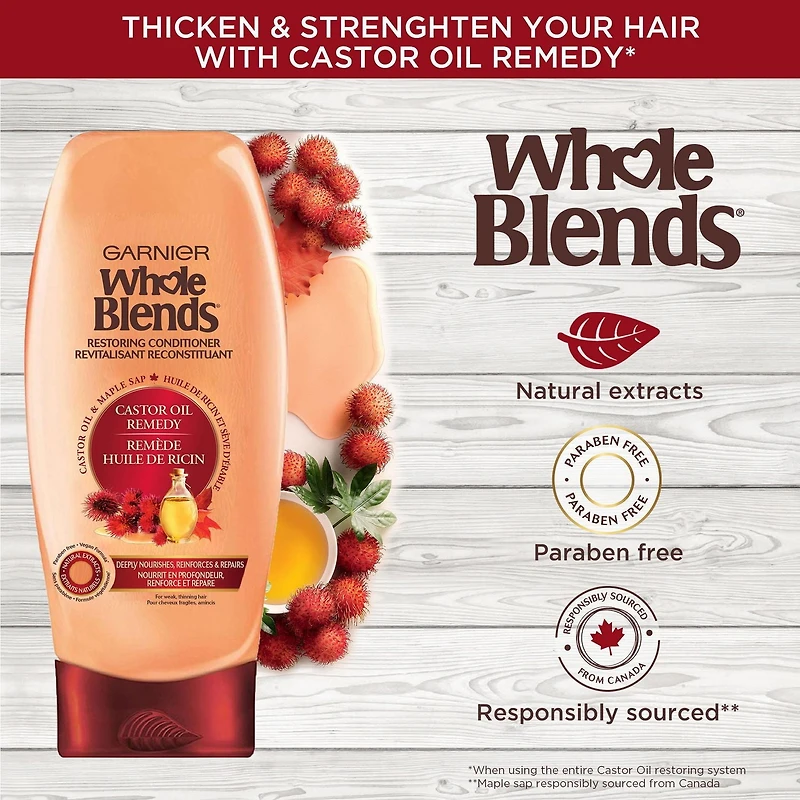 Garnier Whole Blends Revitalisant Remède Huile de Ricin, 370 mL Revitalisant réparateur pour cheveux fragiles.