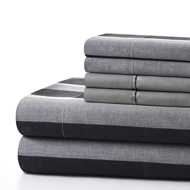 Marina Decoration Ultra Soft Silky Deep Pocket Rich Printed Bedding Rayon from Bamboo All Season Sheet Set with Pillowcases, Black Grey Stripes Pattern