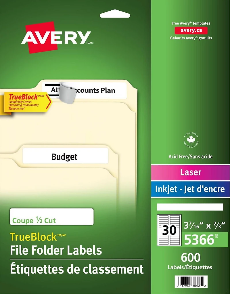 Avery® Étiquettes de classement avec Technologie TrueBlockMC pour imprimantes à laser ou jet d'encre, ⅔" x 3-7/16"