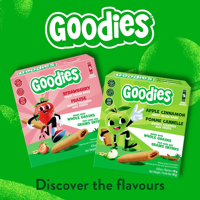 Goodies Barres aux Fruits Fraise, Collation de Grains Entiers Sans Gluten pour Enfants 4 Ans et Plus, Sans Noix, Source de Fibres, Barre 18g (Emballage de 5), 90g