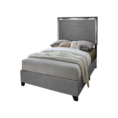 Grand lit plateforme Aerys avec lumières DEL, velours gris