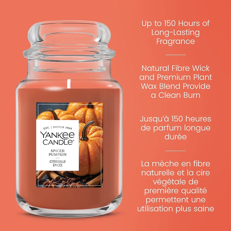 Bougie parfumée Yankee Candle, Citrouille épicée, grand pot classique de 22 oz, jusqu’à 150 heures de combustion