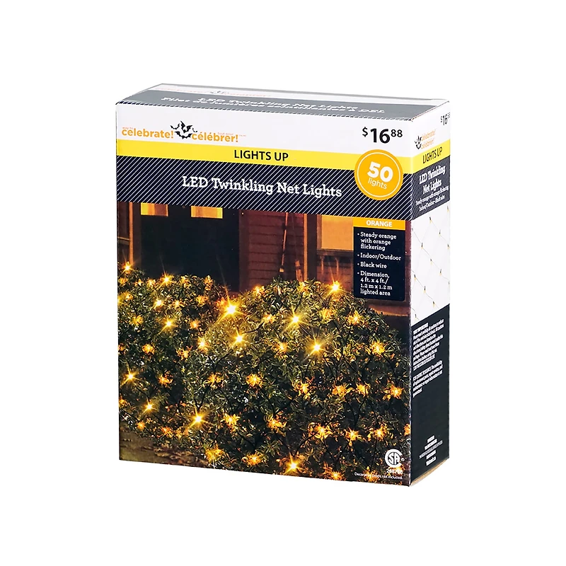 50-Count Twinkling Orange LED Net Lights, Indoor/Outdoor Halloween, by Way To Celebrate