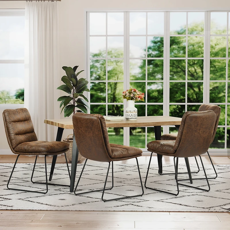 Homy Casa 63 inch Industrial Dining Set for 4, Faux Walnut Wood Table Brown Faux Leather Chairs