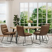 Homy Casa 63 inch Industrial Dining Set for 4, Faux Walnut Wood Table Brown Faux Leather Chairs