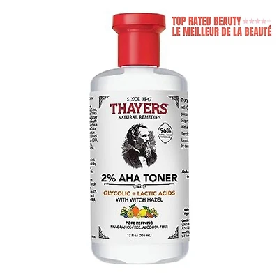 Tonique exfoliant 2% AHA avec acide glycolique, acide lactique et hamamélis, soin lissant et affinant les pores pour tous les types de peau, 355 ML