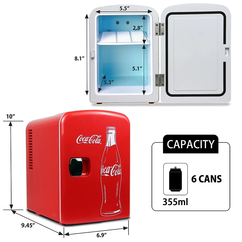 Coca-Cola Classic Mini réfrigérateur 4 L, glacière portable 6 canettes pour voyage, maison, bureau - Rouge