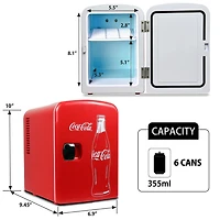 Coca-Cola Classic Mini réfrigérateur 4 L, glacière portable 6 canettes pour voyage, maison, bureau - Rouge