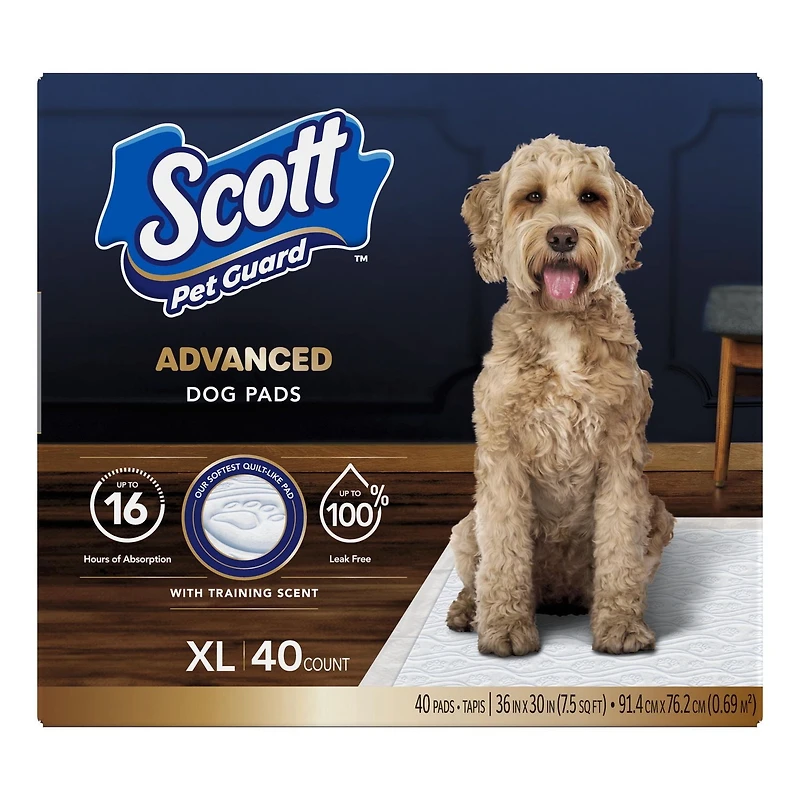 Scott Pet Guard Advanced Dog Pads - Dog Training Pee Pads for Puppies, Medium & Large Dogs - Up to 16 Hour Absorbency with odour Control - Softest Quilted Dog Pee Pads - XL - 30" x 36" - 40 Pack