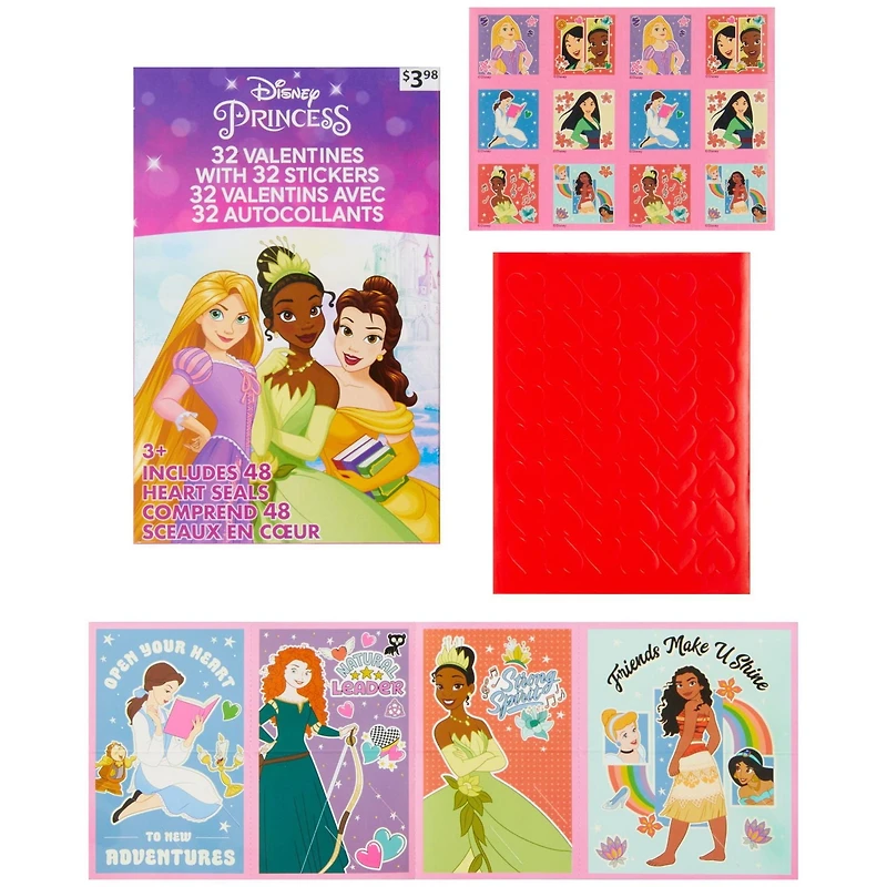 Cartes de Saint-Valentin Disney Princesse avec autocollants, Multi-couleurs, 32 Compte