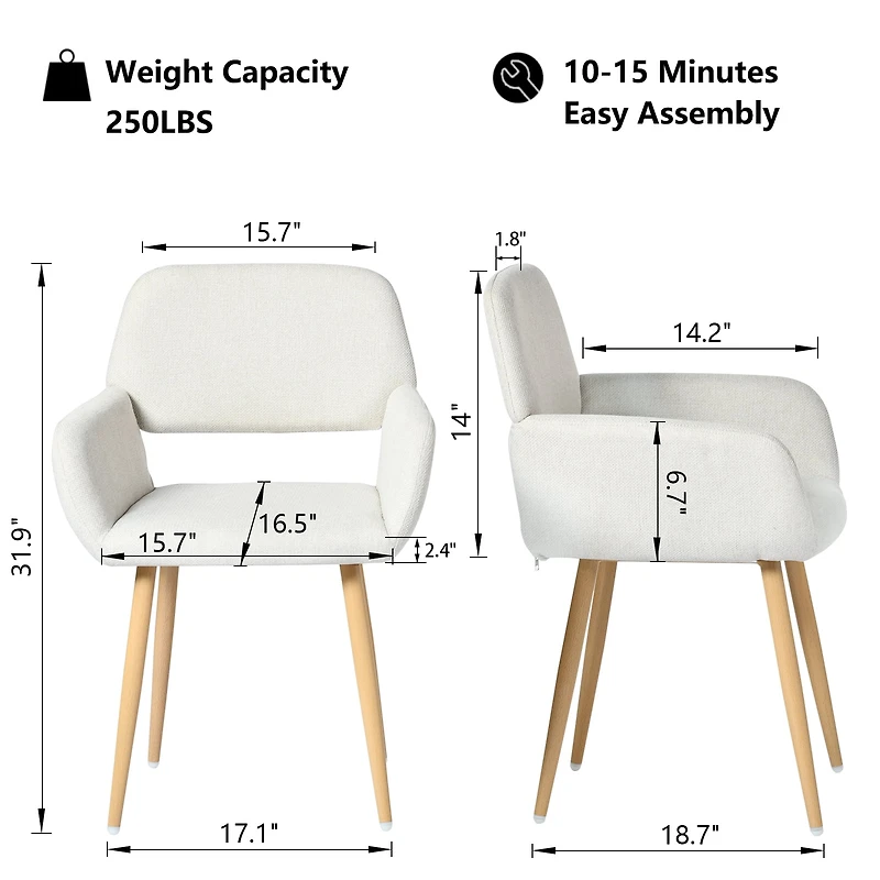 Homy Casa Set of 2 Beige Upholstered Dining Arm Chairs, Fabric Accent Chairs with Natural Wood Legs