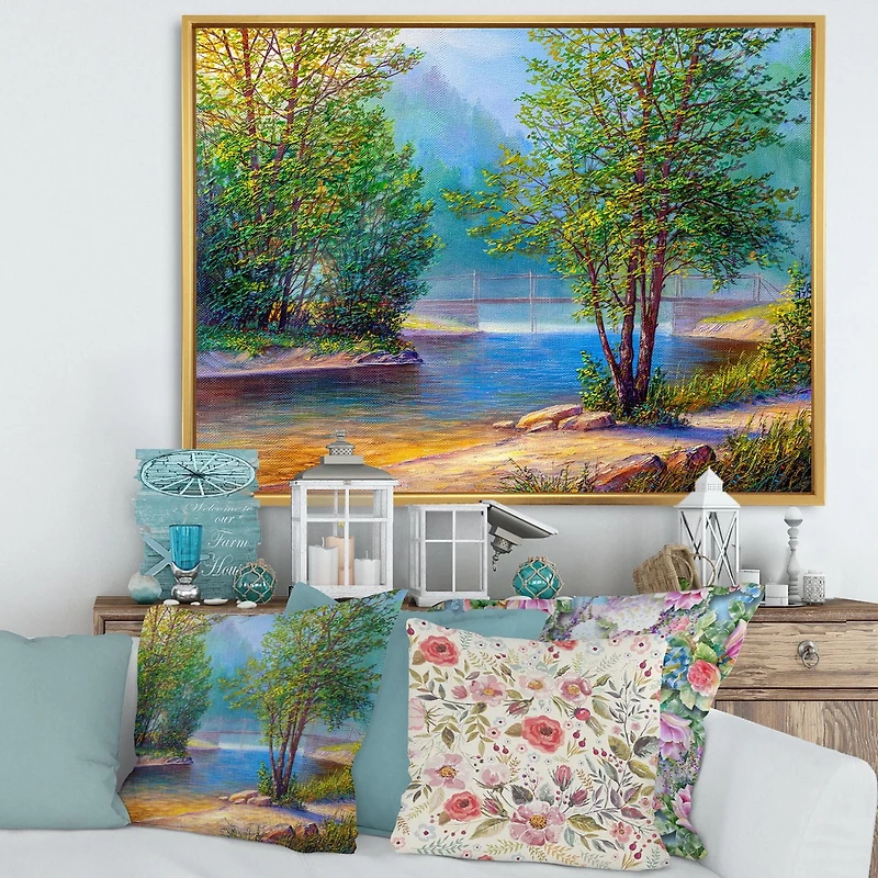 Designart Green Trees By The Riverside FLOAT FRAME WALL ART