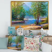 Designart Green Trees By The Riverside FLOAT FRAME WALL ART