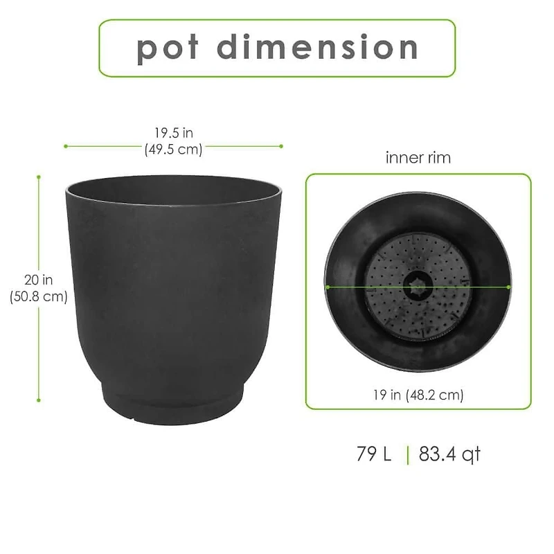 Tierra Verde Très grand pot rond moderne Florencia à réserve d'eau 21" L x 20" H - Noir, Intérieur/Extérieur