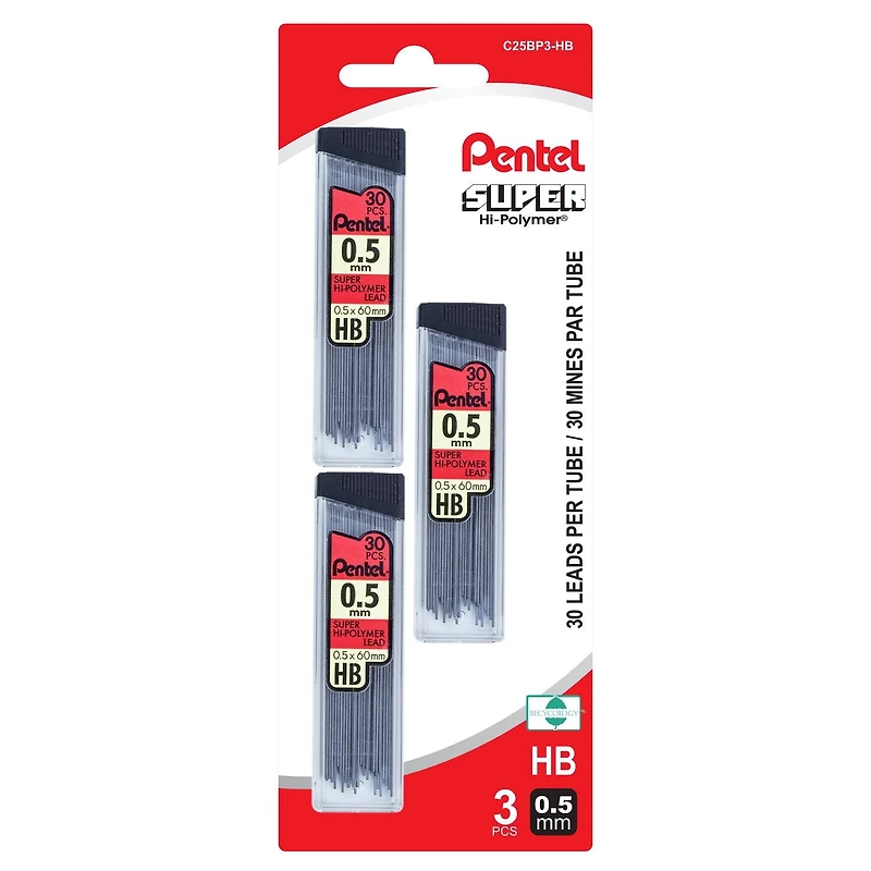 Pentel Super Hi-Polymer Lead Refills, 30 Leads Per Tube, HB, 0.5mm, 3PC Pack, #1 selling lead in the world.
