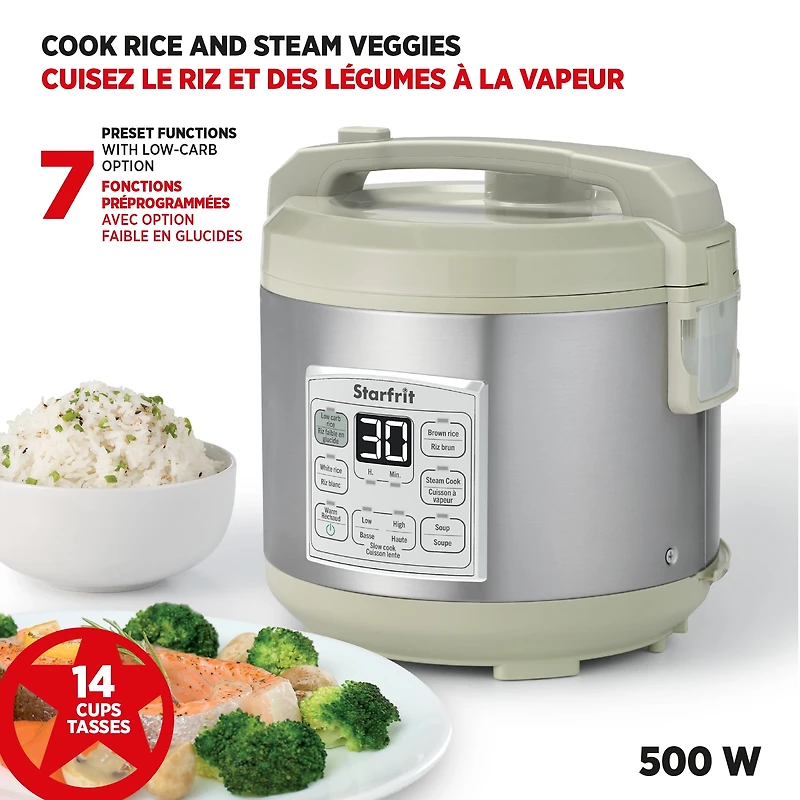Starfrit Low-Carb Rice Cooker 14-Cup, Reduces Carbs Up To 30%, 7 Preset Functions, Steamer Basket, Non-Stick Pot, Easy Clean, Healthy Cooking, Rice Brown White Soup Steam Slow Cook