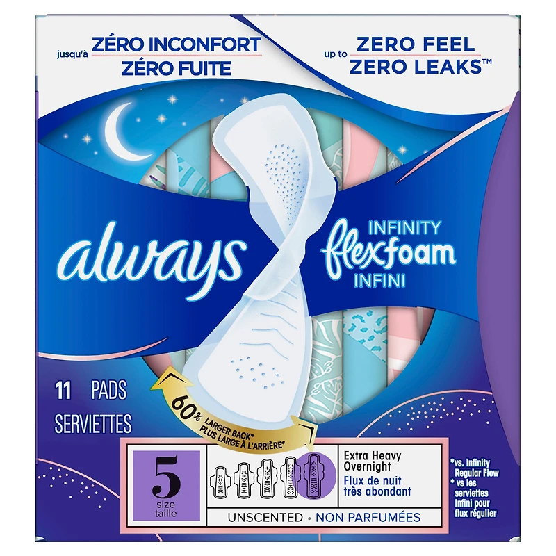Always Infinity Feminine Pads for Women, Flexfoam Pads with Wings, Size 5, Extra Heavy Overnight Absorbency, Unscented, 11CT