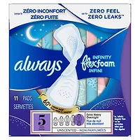 Always Infinity Feminine Pads for Women, Flexfoam Pads with Wings, Size 5, Extra Heavy Overnight Absorbency, Unscented, 11CT