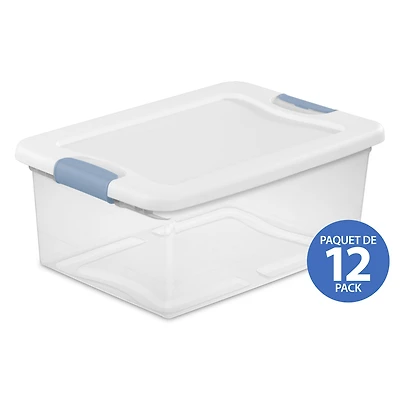 Sterilite Bac à loquets de 14 L, petit bac de rangement en plastique transparent avec couvercle et loquet bleu pâle, 12 Pk