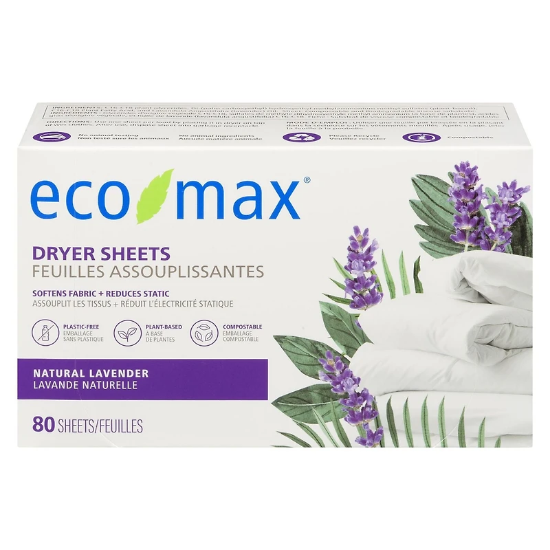 Eco-Max Natural Lavender Dryer Sheets 80 sheets, Softens Fabric, Reduces Static