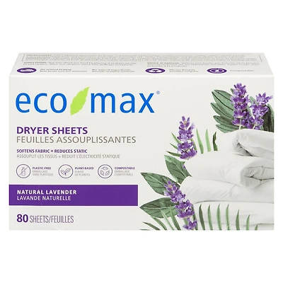 Eco-Max Natural Lavender Dryer Sheets 80 sheets, Softens Fabric, Reduces Static