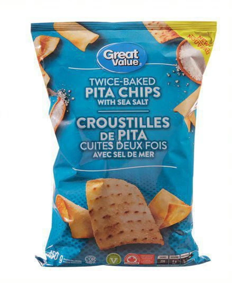 Great Value Twice-Baked Pita Chips with Sea Salt, 450 g