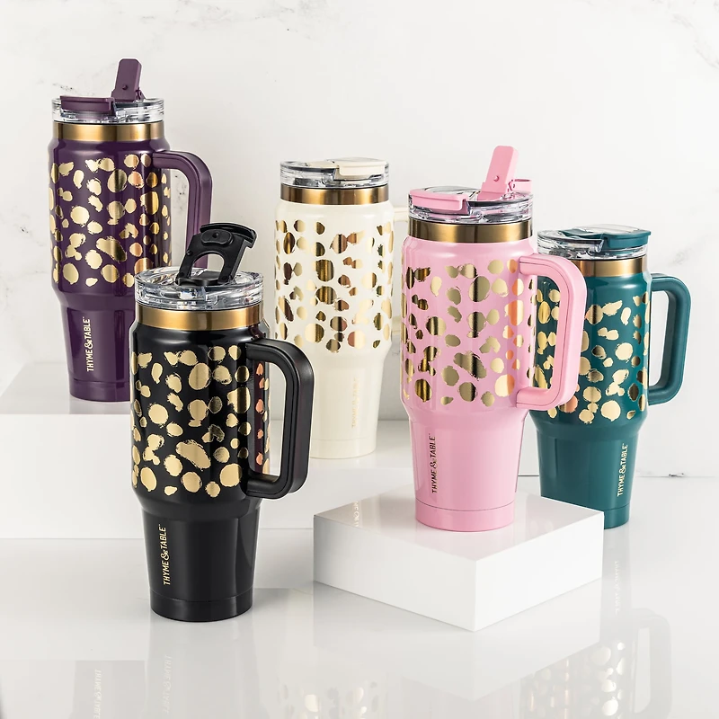 Gobelet Thyme & Table de 940 ml avec poignée, couvercle à double paille, double paroi isotherme en acier inoxydable, pois rose et doré