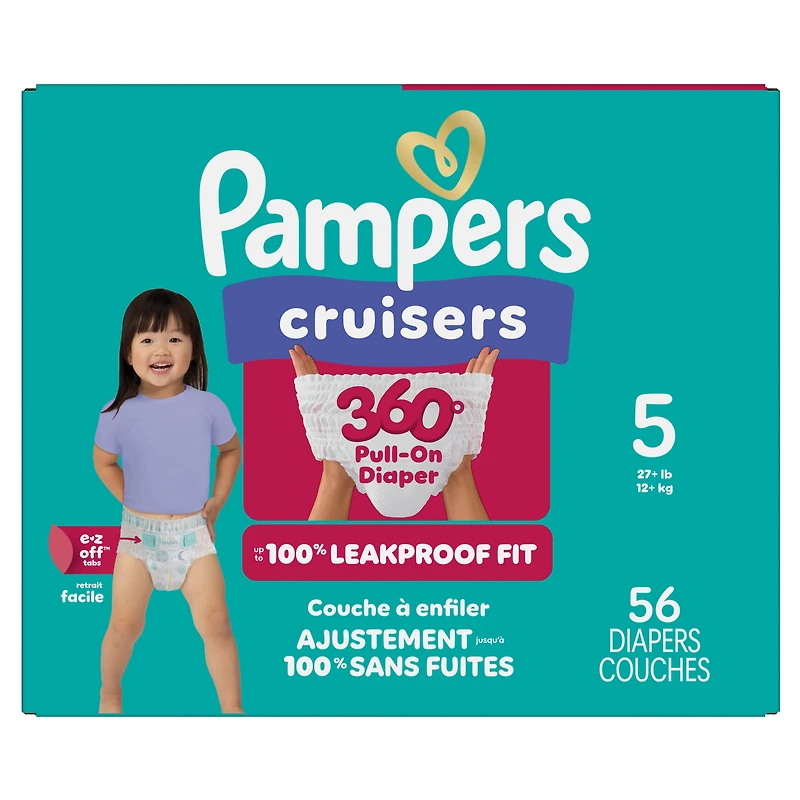 Pampers Diapers - Cruisers 360° - Size 5, up to 100% Leakproof Fit, Designed for Active Babies, Pull On Diaper, EZ Off Tabs Designed for Easy Changes